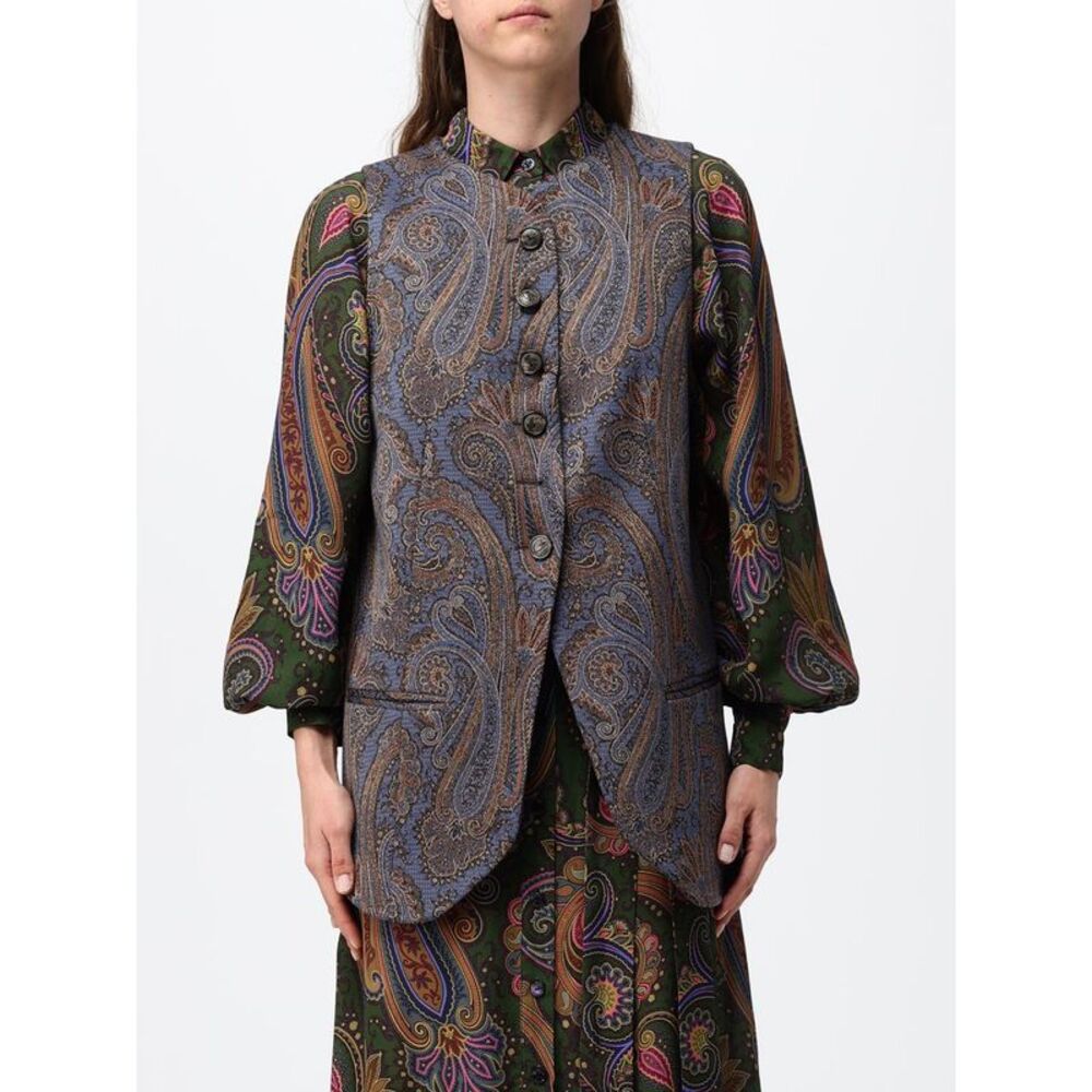 Etro Women Etro Paisley Print Tailored Cotton-Blend Waistcoat With Crew Neck